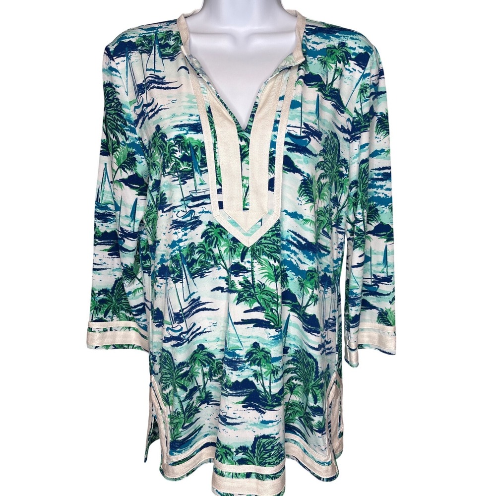 Island Republic Womens Blue Tropical Sailboat Tunic Top Sz‎ S Beachwear Nautical